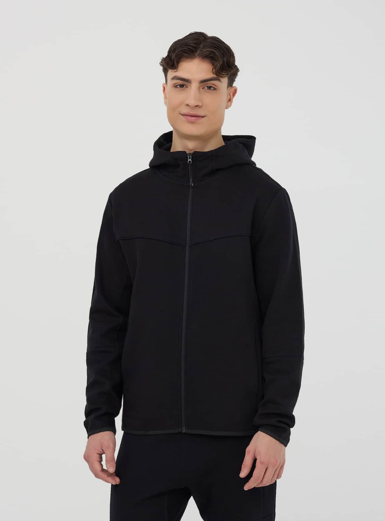 Felpa tecnica con cappuccio e zip in misto cotone pesante