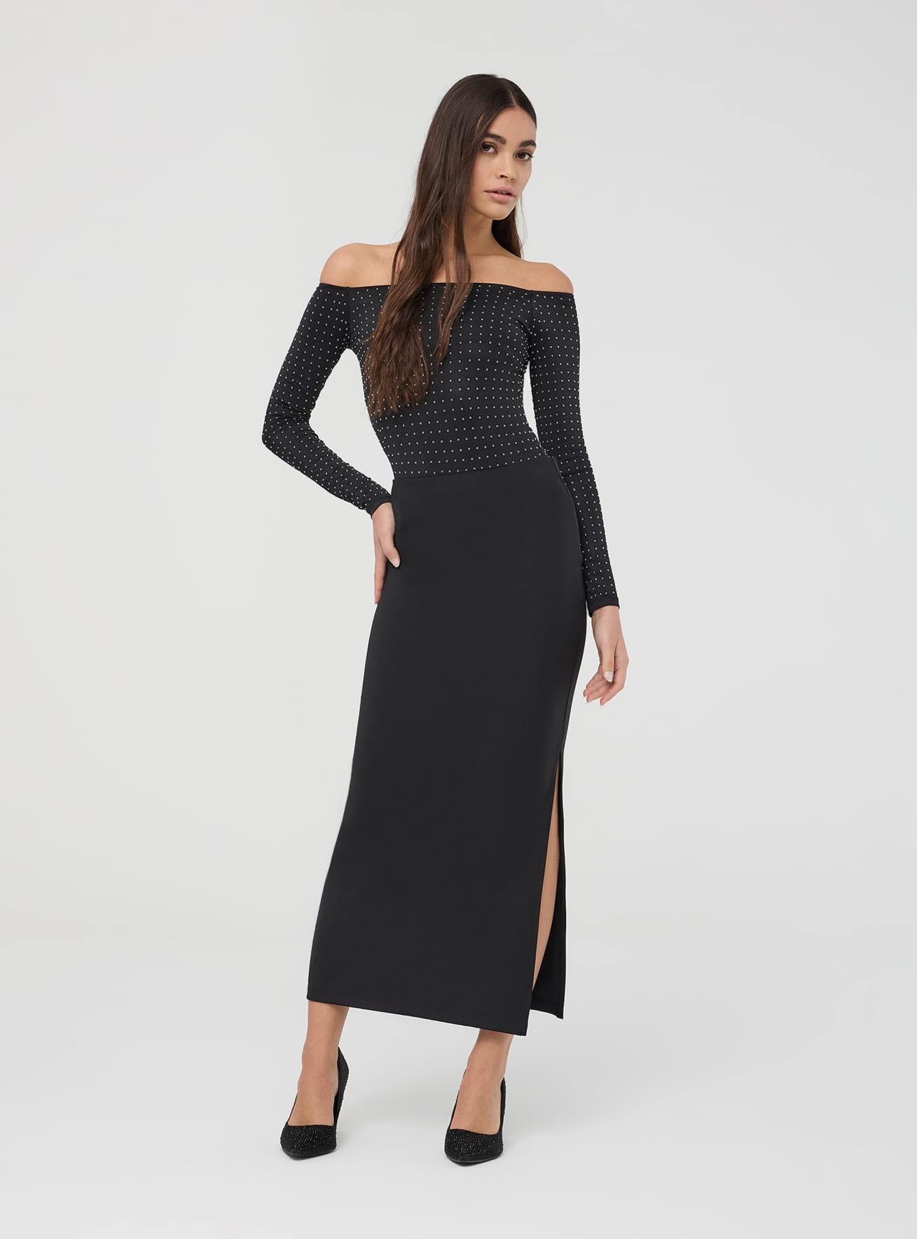 Body a maniche lunghe con strass nero Terranova