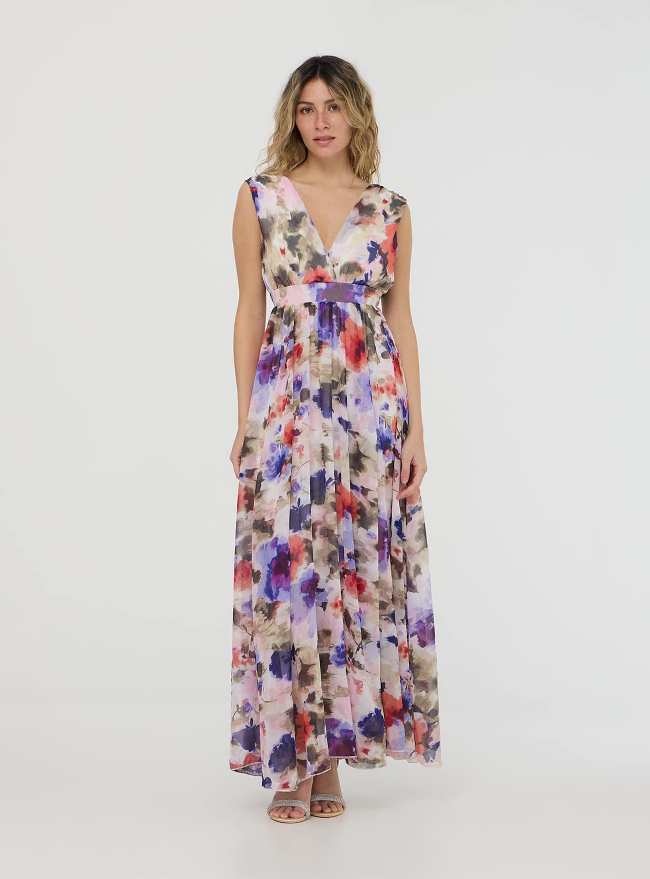 Vestito lungo floreale scollo a v