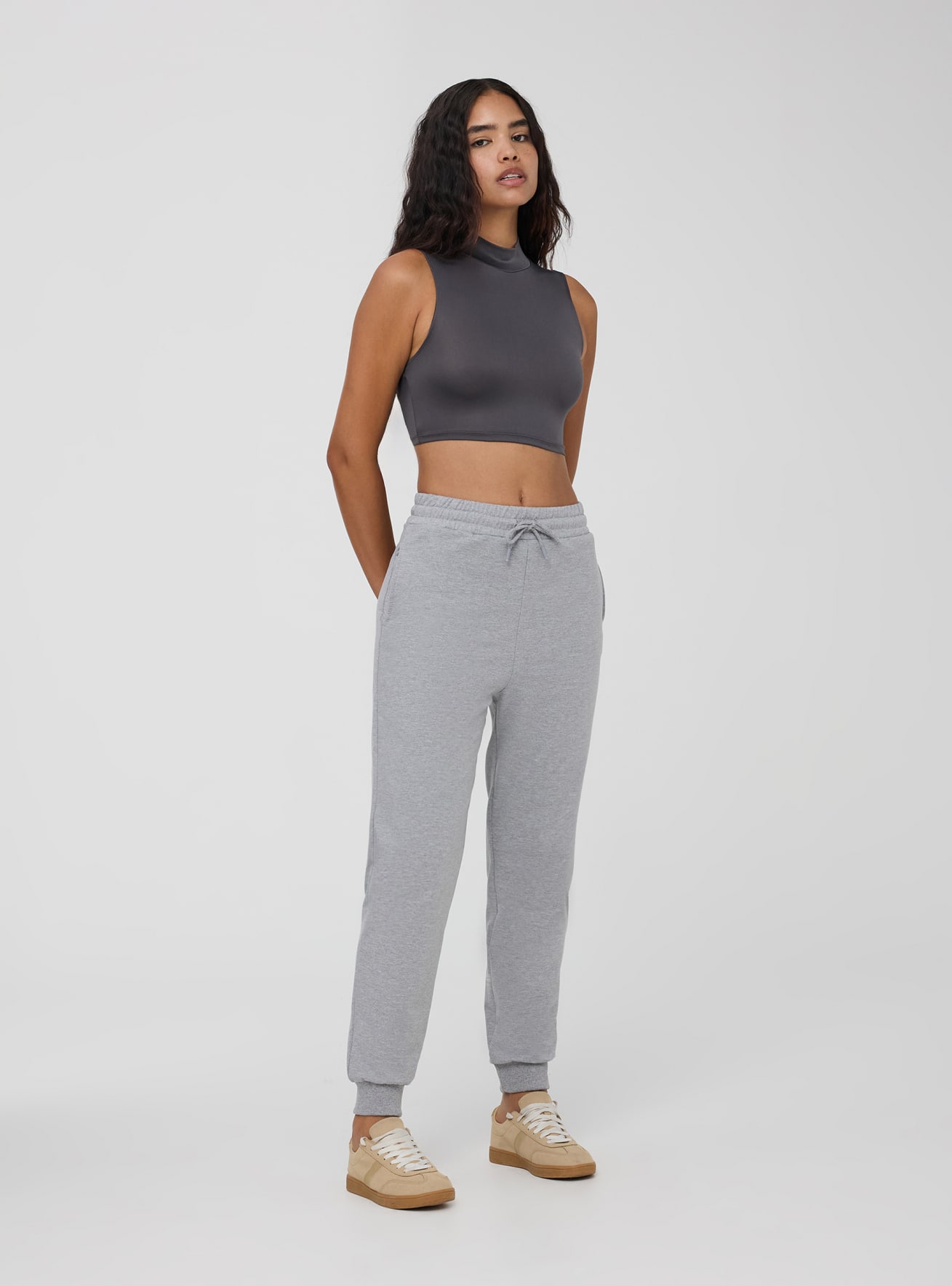 Grey High waisted tracksuit bottoms with a drawstring Buy Online Terranova
