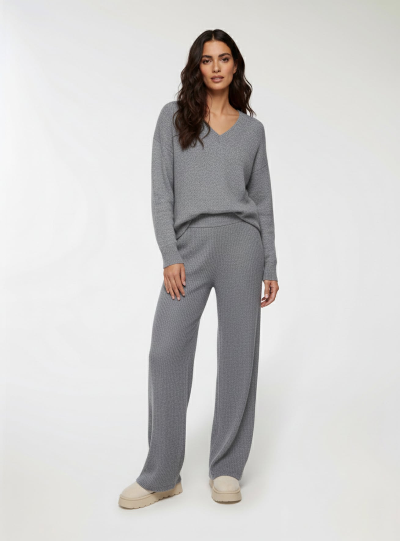 Pantaloni wide leg a coste tessuto caldo