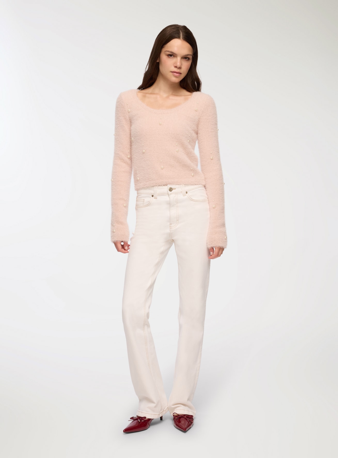 T-shirt crop effet peluche avec perles