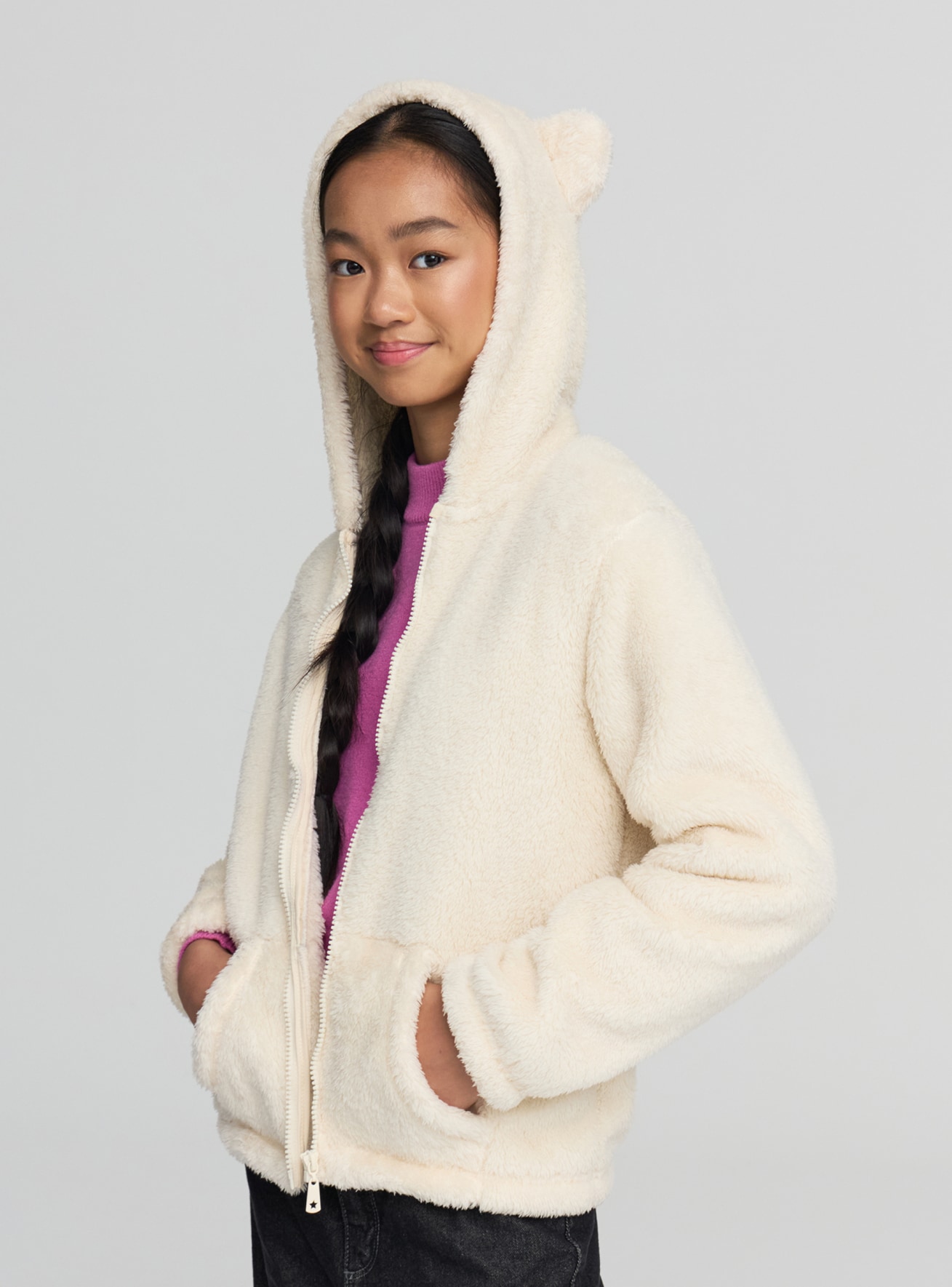 Felpa con cappuccio e zip in sherpa