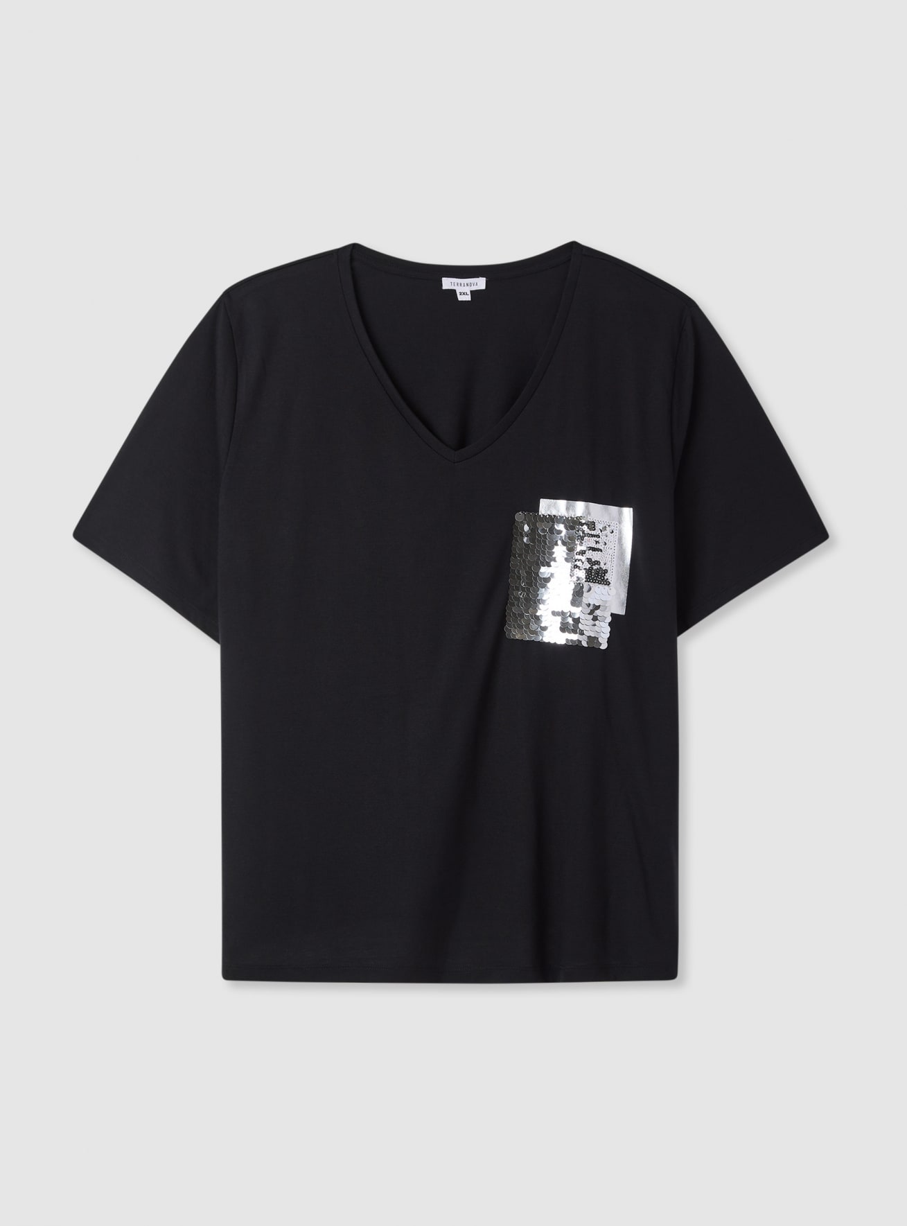 T-shirt scollo a V e taschino con paillettes