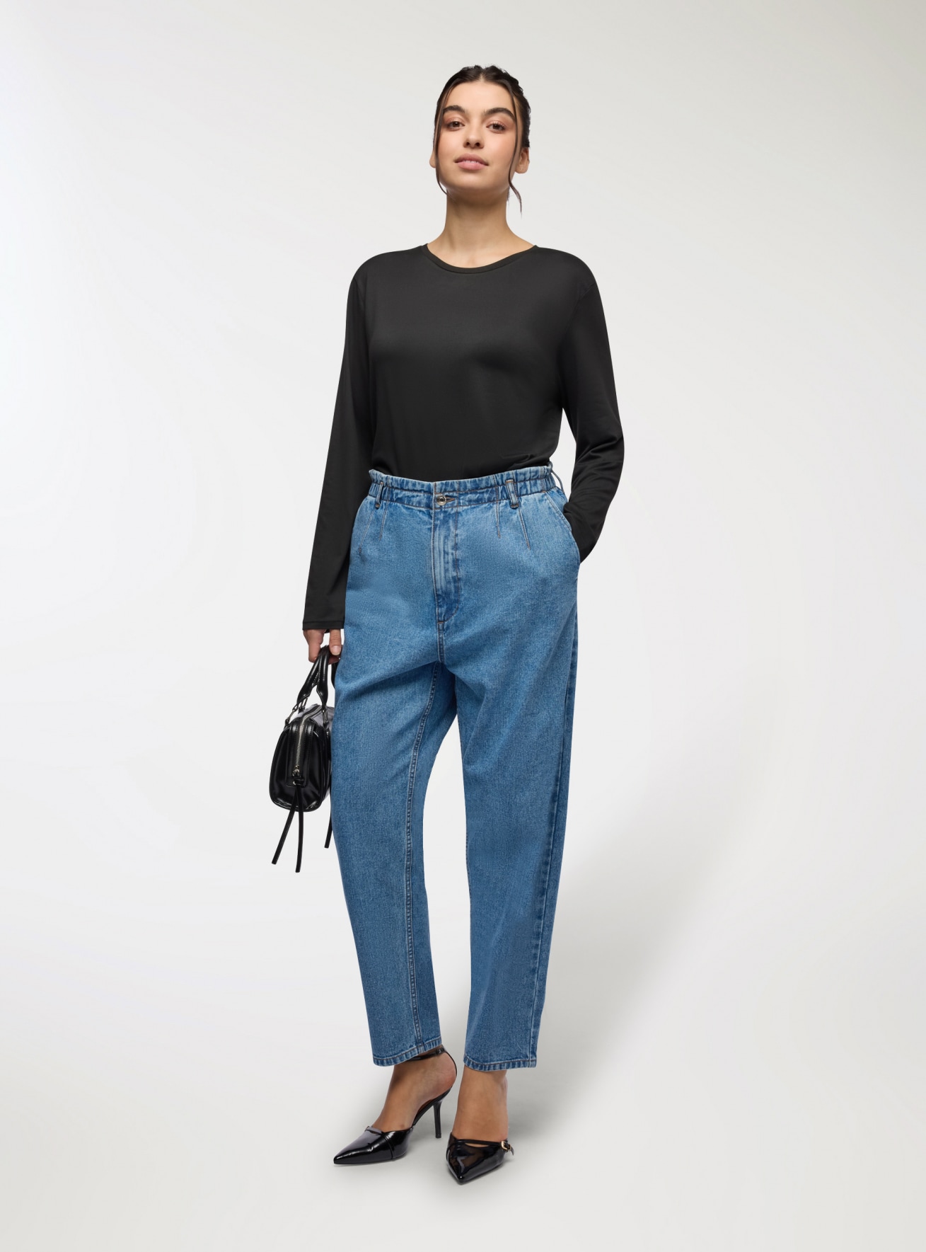 Jeans paperbag w jednolitym kolorze