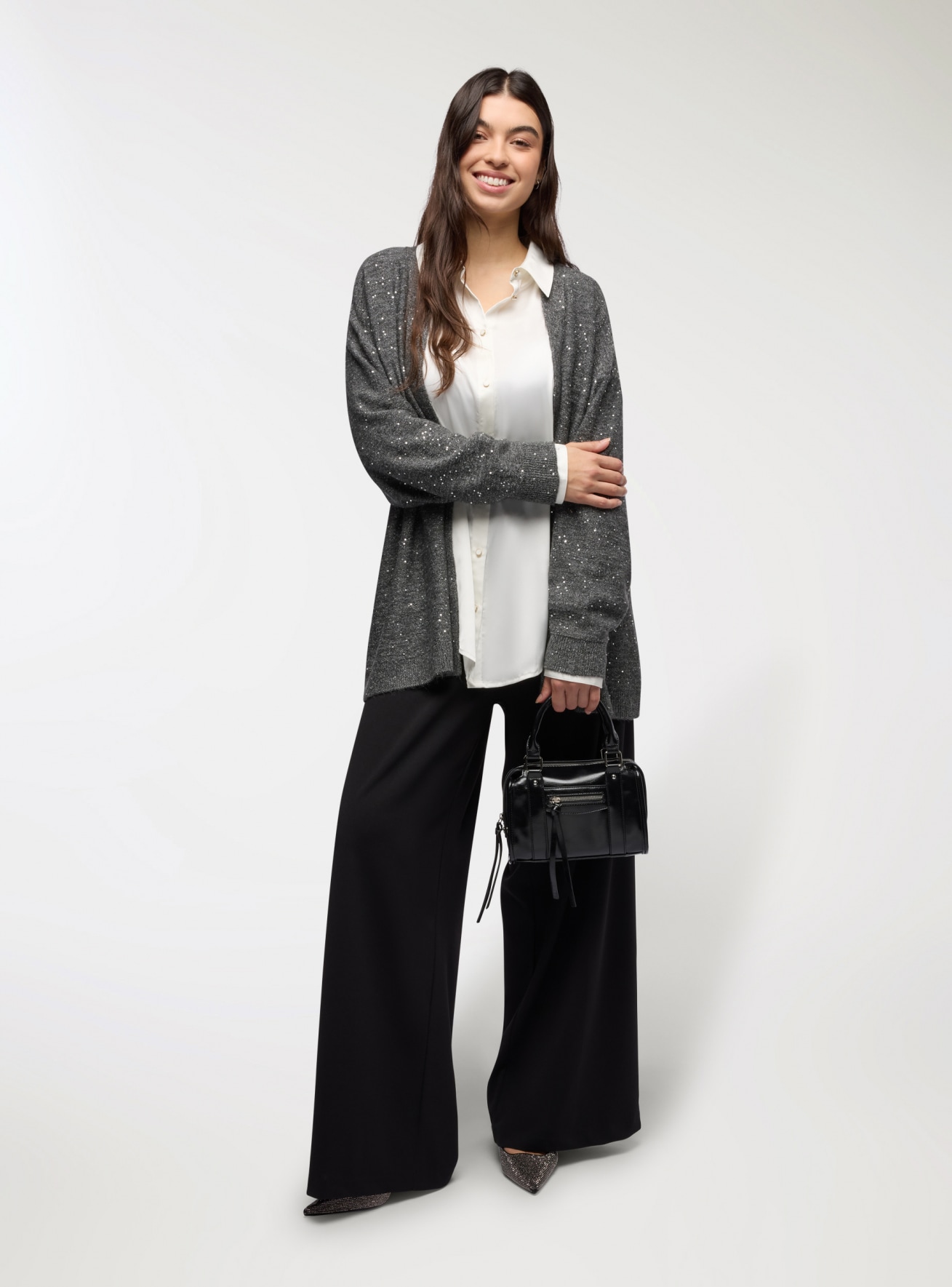 Cardigan aperto con micro paillettes