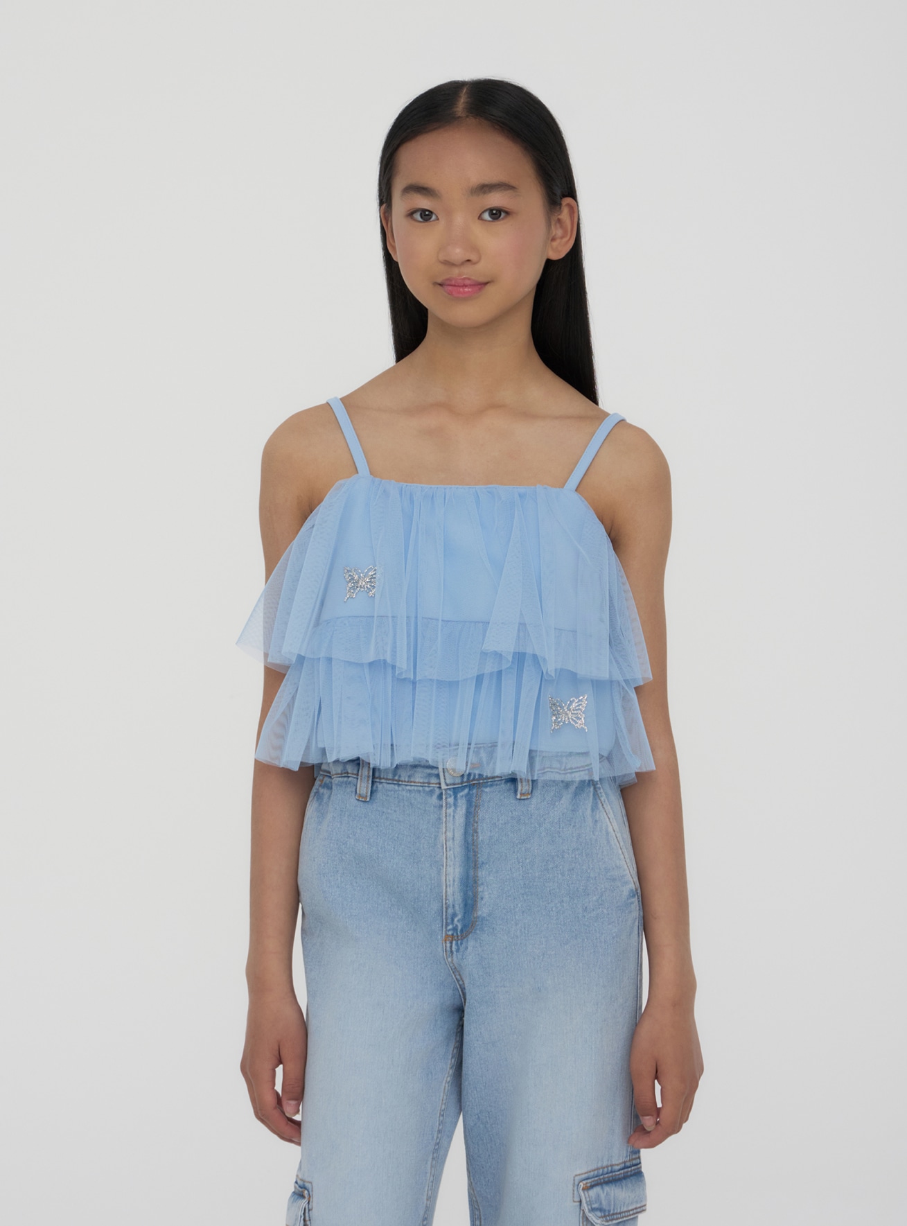 Light blue Tulle top with ruffles and butterflies - Buy