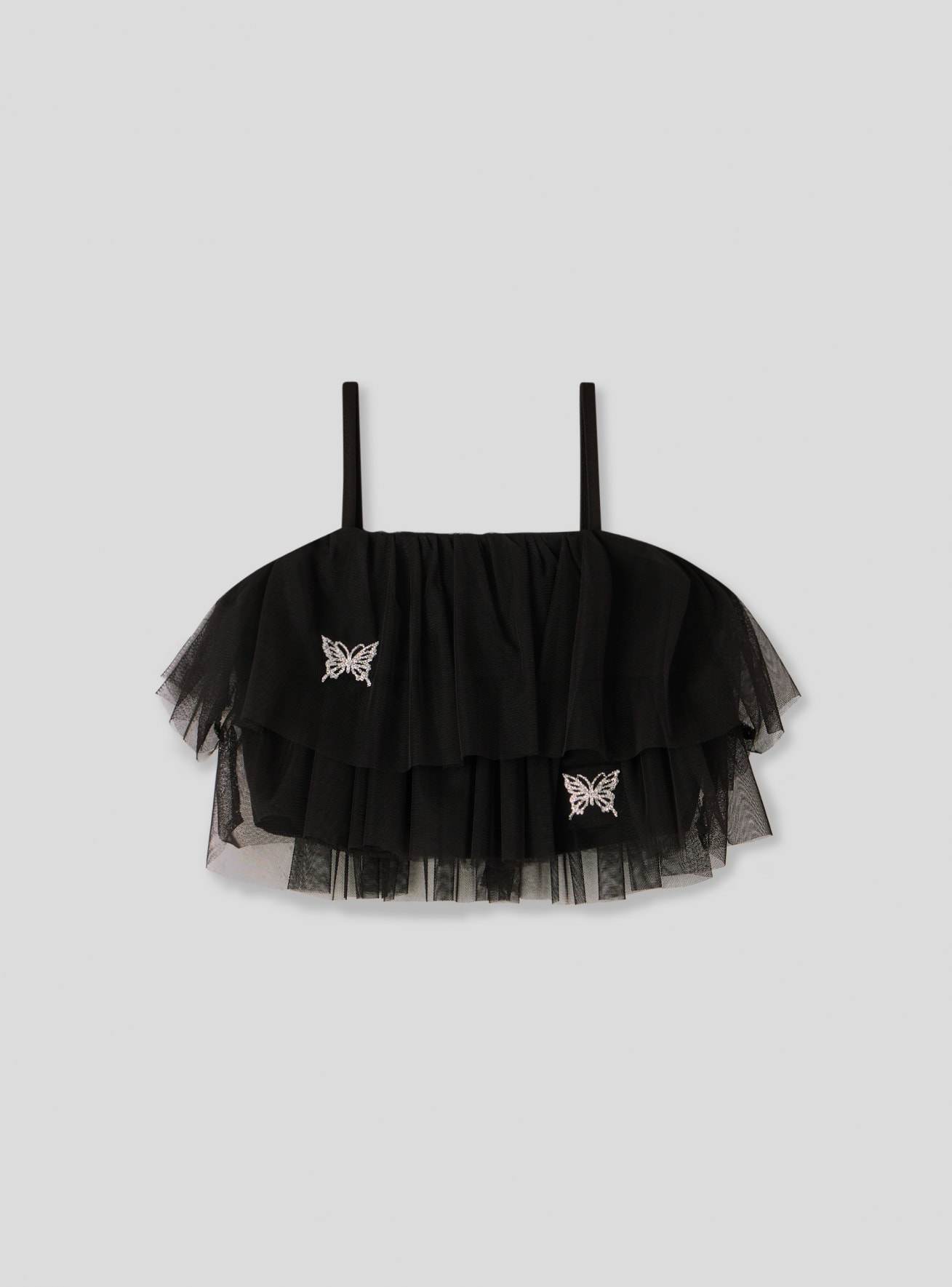Top in tulle con volant e farfalle