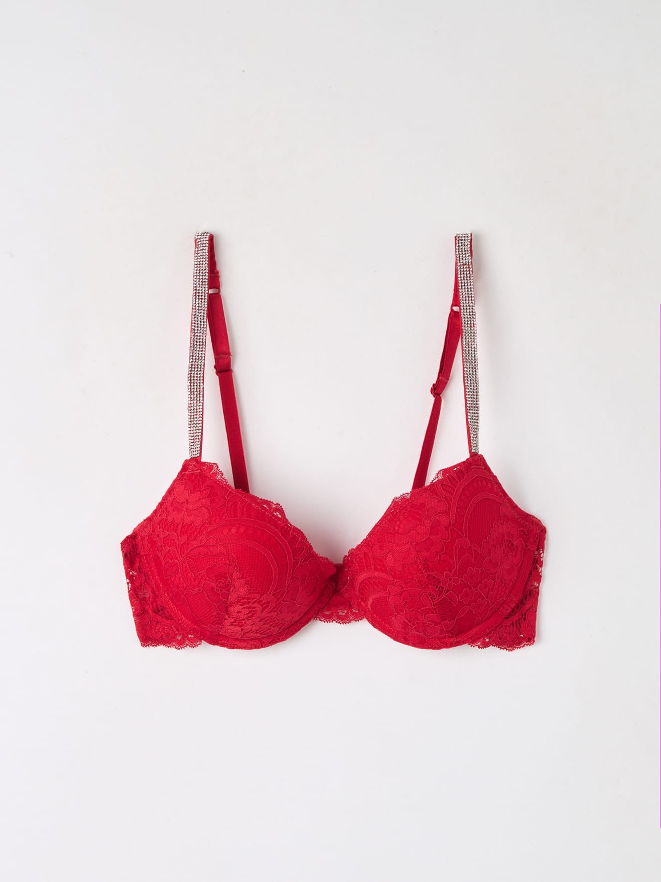 Reggiseno in pizzo con spalline strass Rosso Acquista Online Terranova