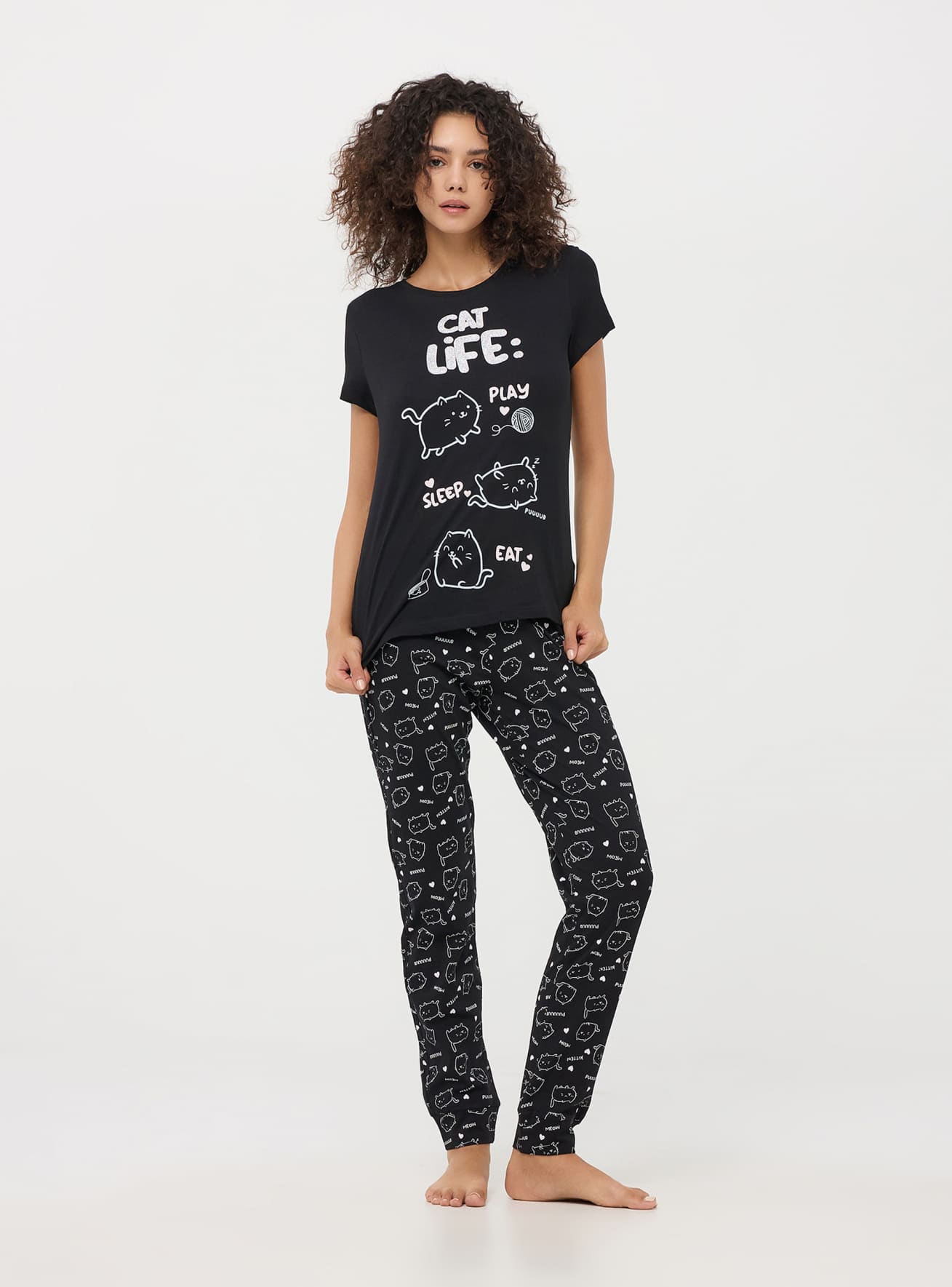Set pigiama con gatti a maniche lunghe Nero Acquista Online Terranova