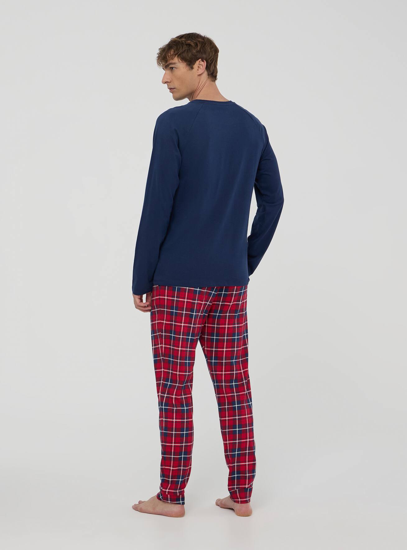Blue dark Pyjama set with a breast pocket and checked trousers Buy Online Terranova