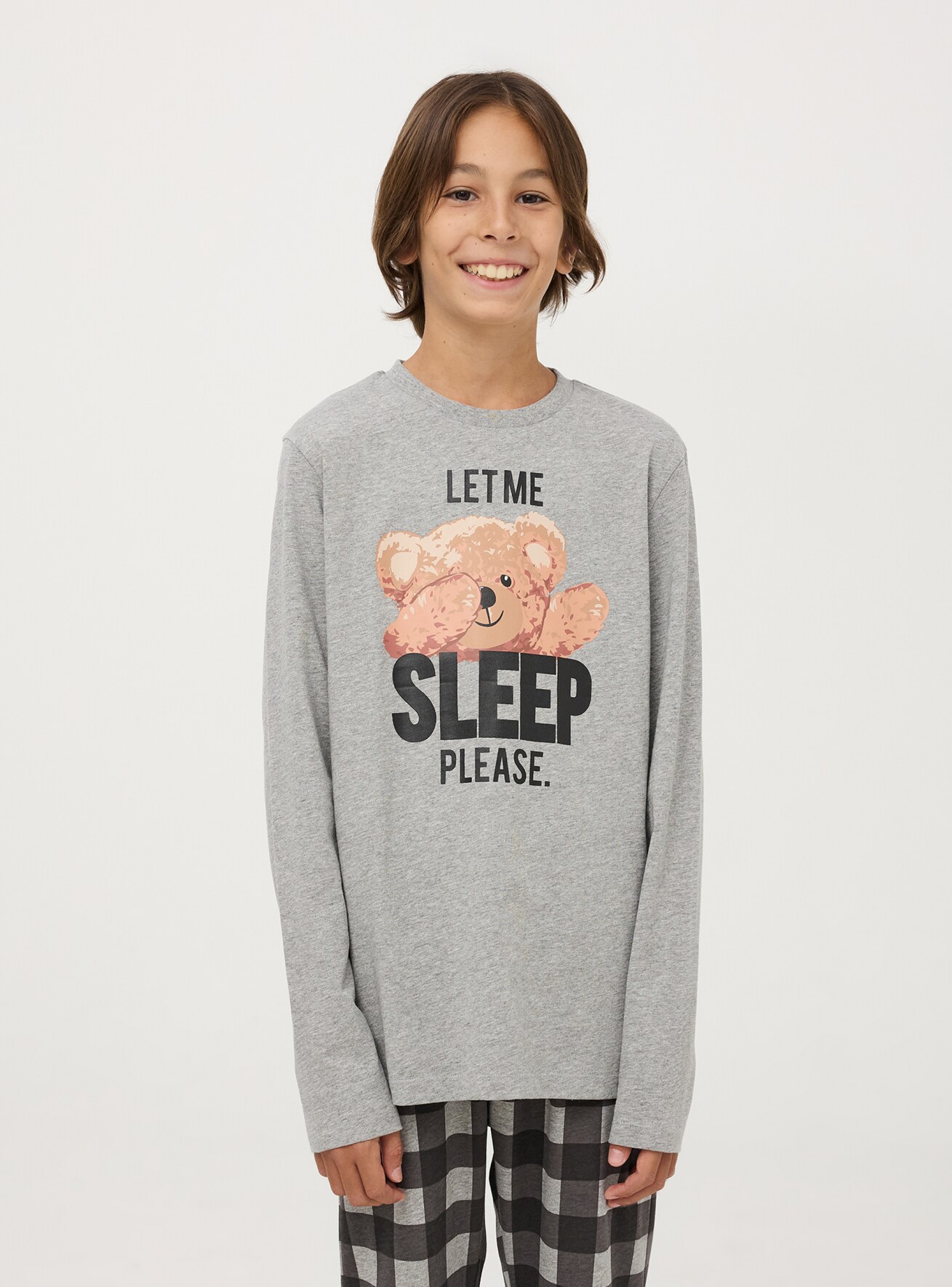 Middle grey melange Pyjama set with a teddy bear jumper and checked trousers Buy Online Terranova