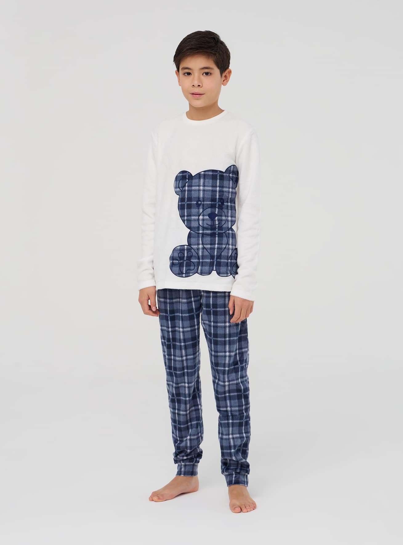 White wool Tartan pyjama set with a teddy bear Buy Online Terranova