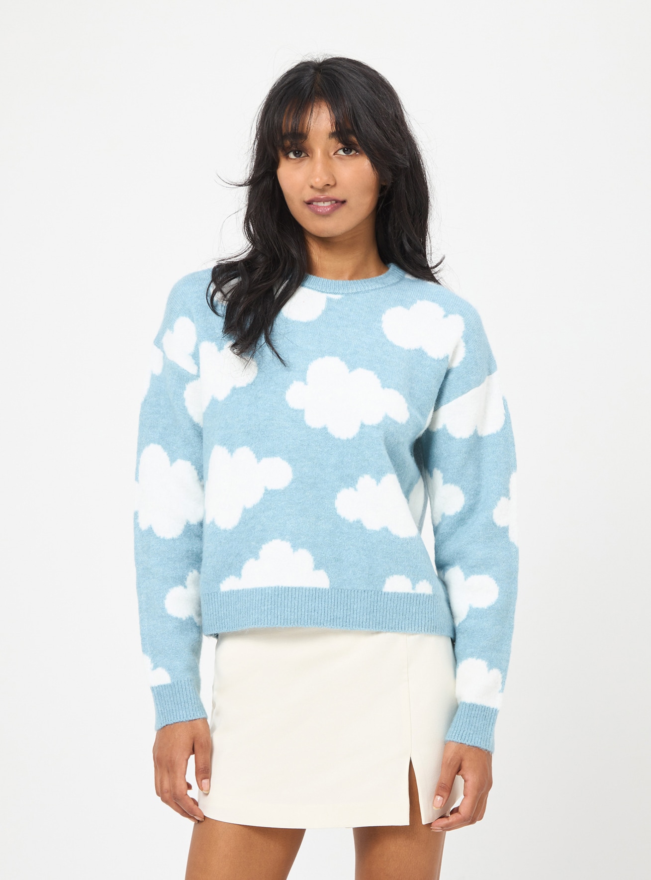Sky-blue Crew neck sweater with cloud pattern - Buy Online