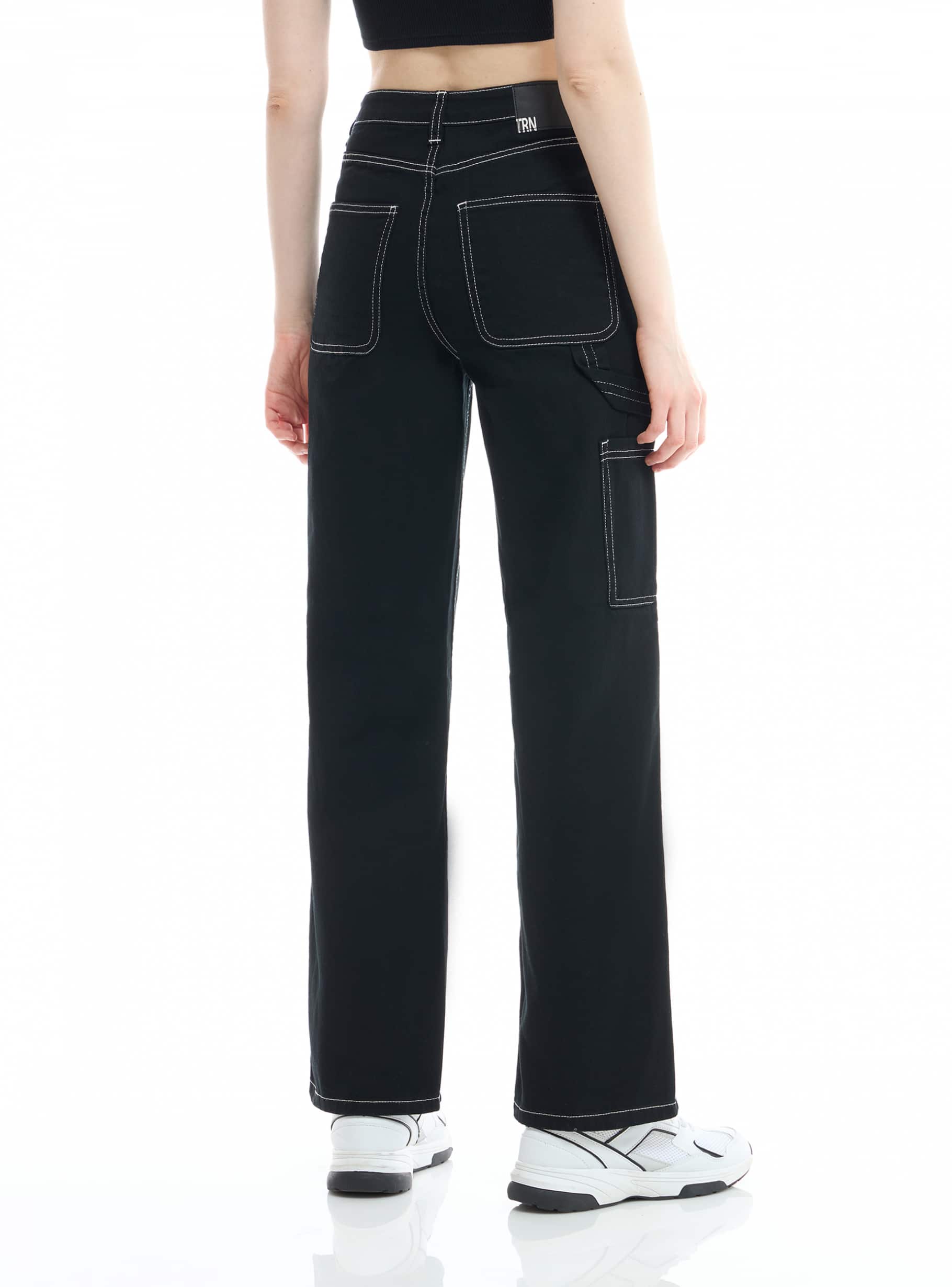 Black Contrast Stitch Zip Detail Cargo Trousers | The Couture Club