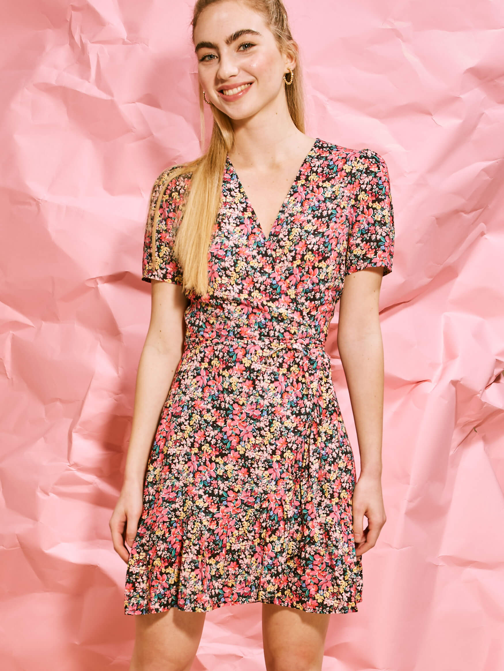 black patterned wrap dress
