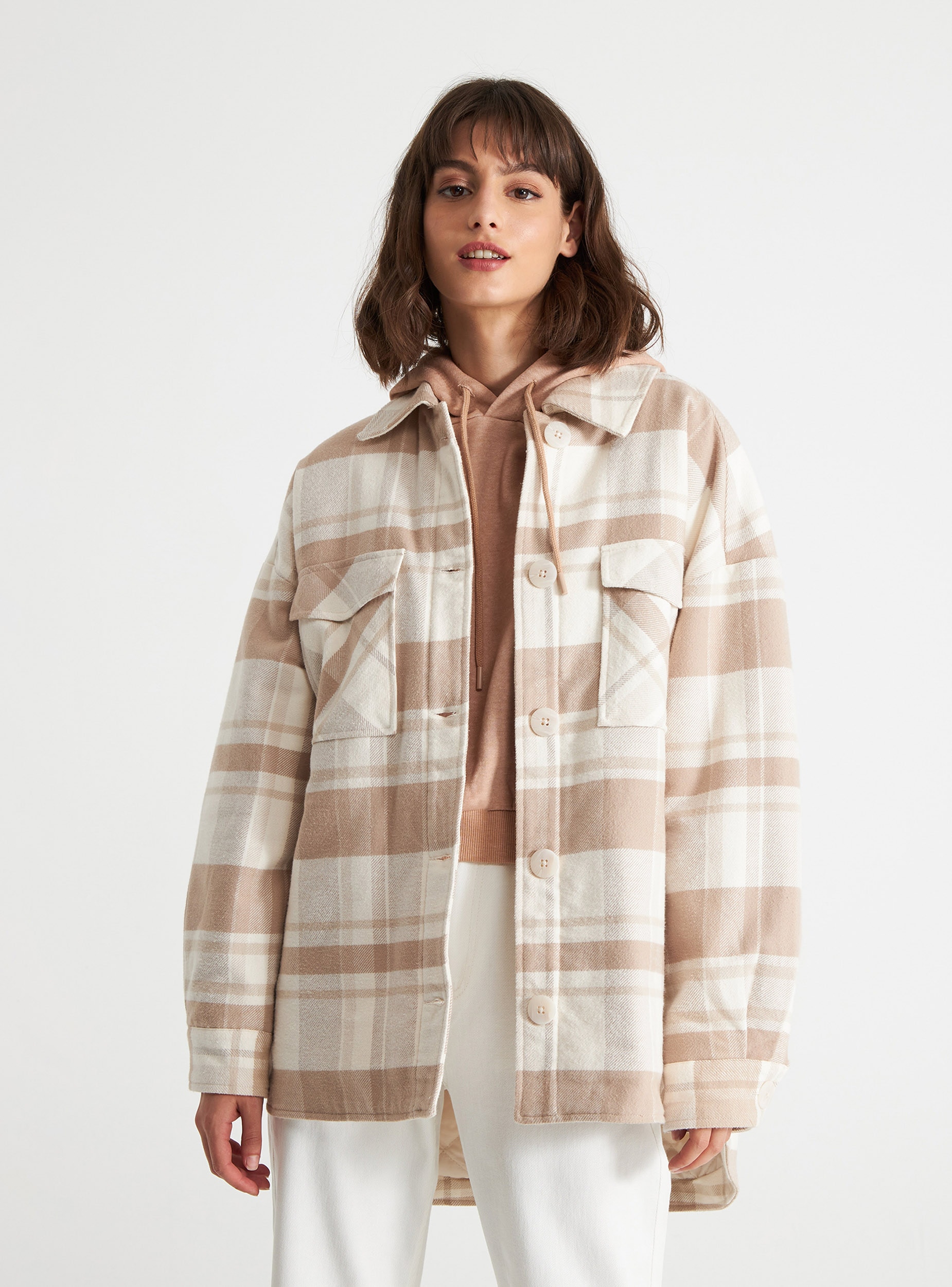 giacca camicia a quadri beige