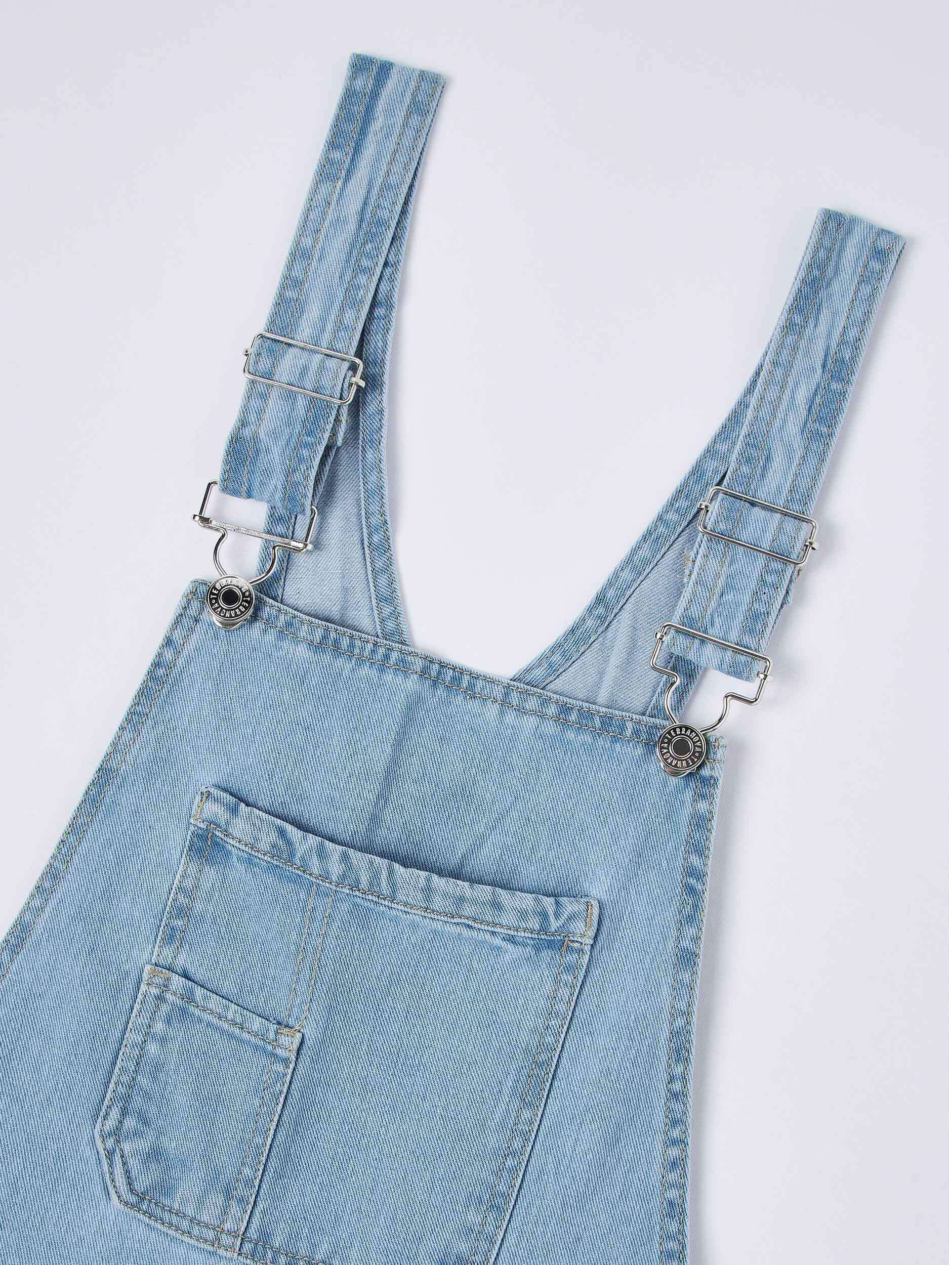 light blue denim overalls