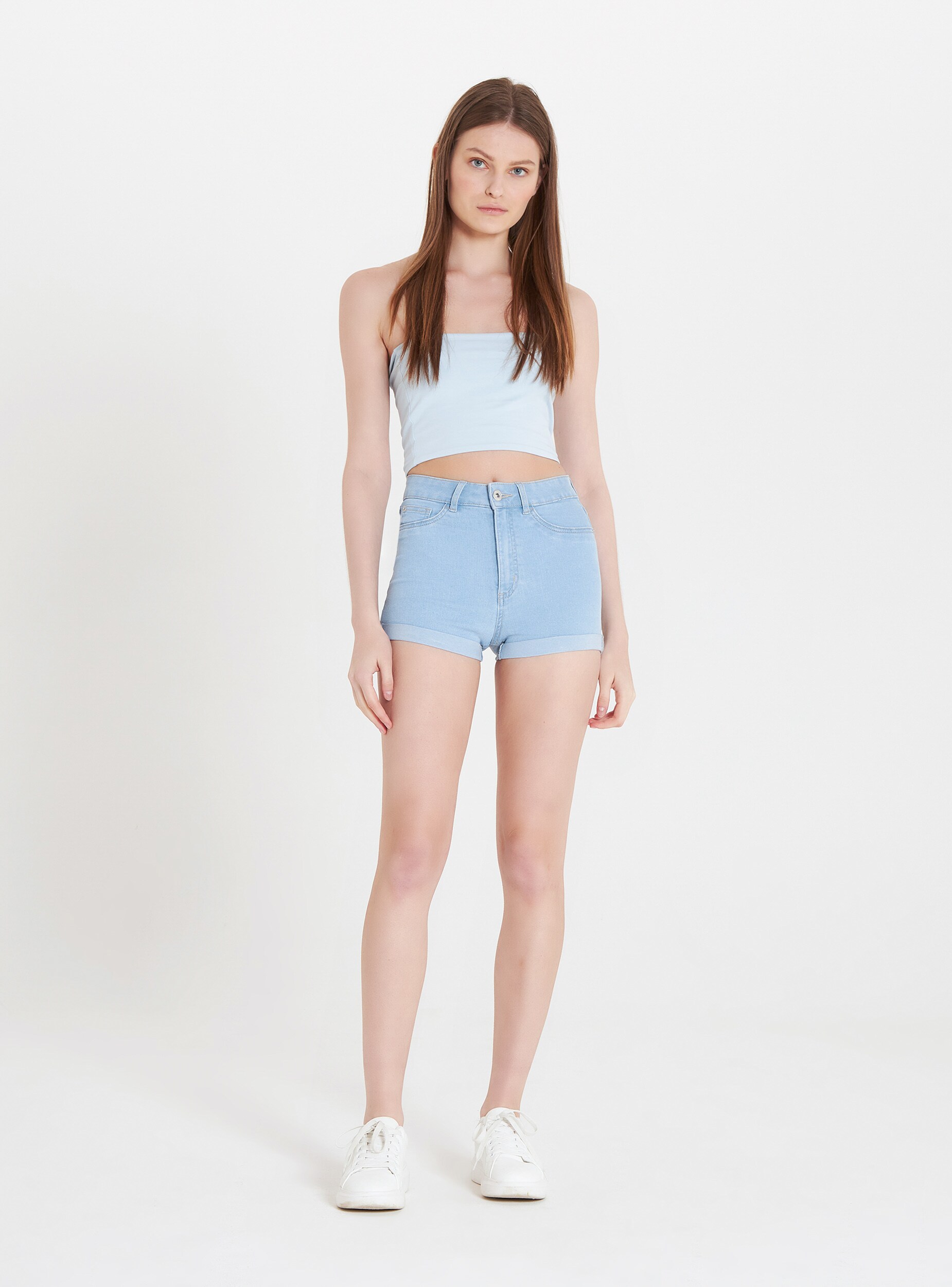 Blu Denim Chiaro Jeans Shorts Mit Hohem Bund Terranova