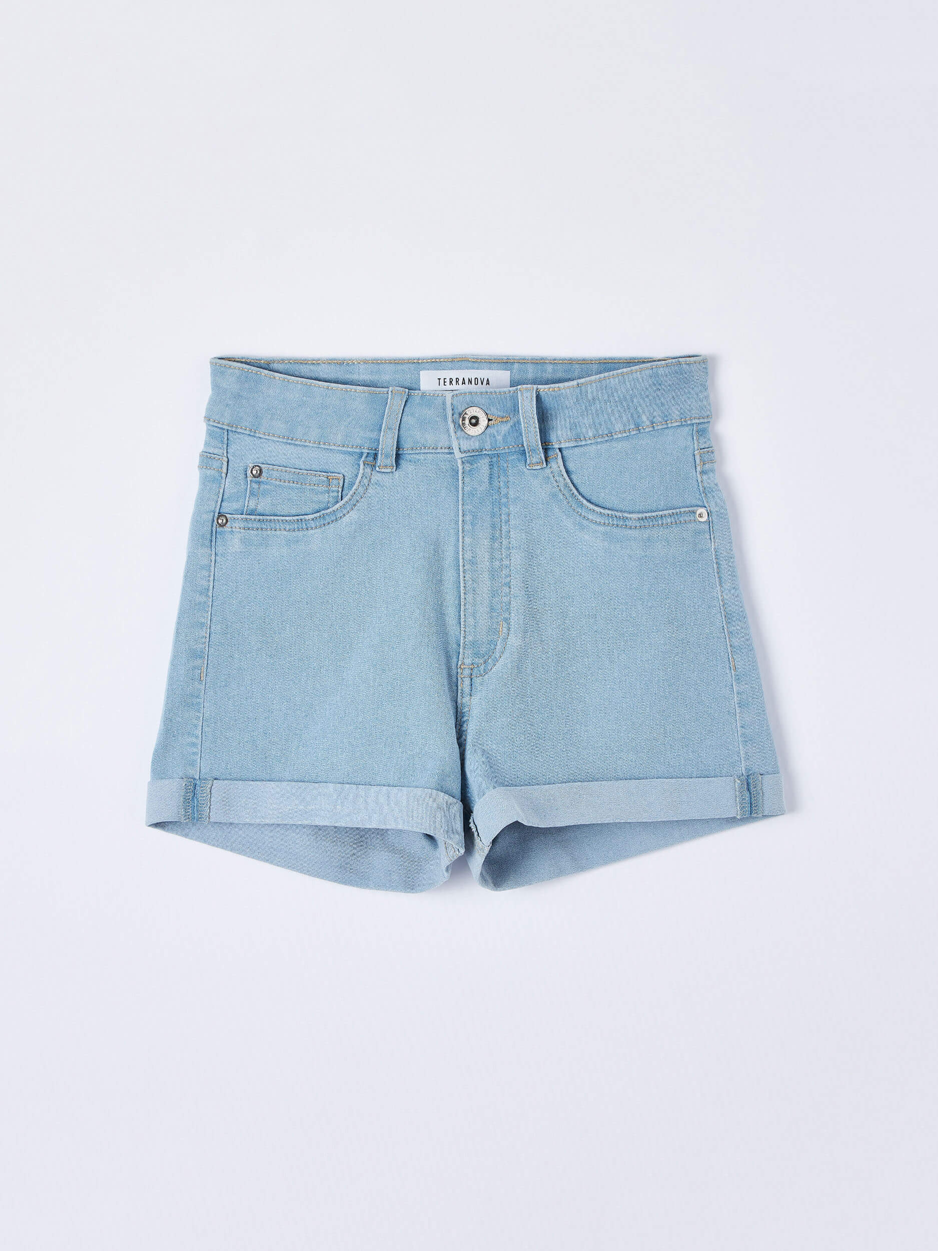Blu Denim Chiaro Jeans Shorts Mit Hohem Bund Terranova