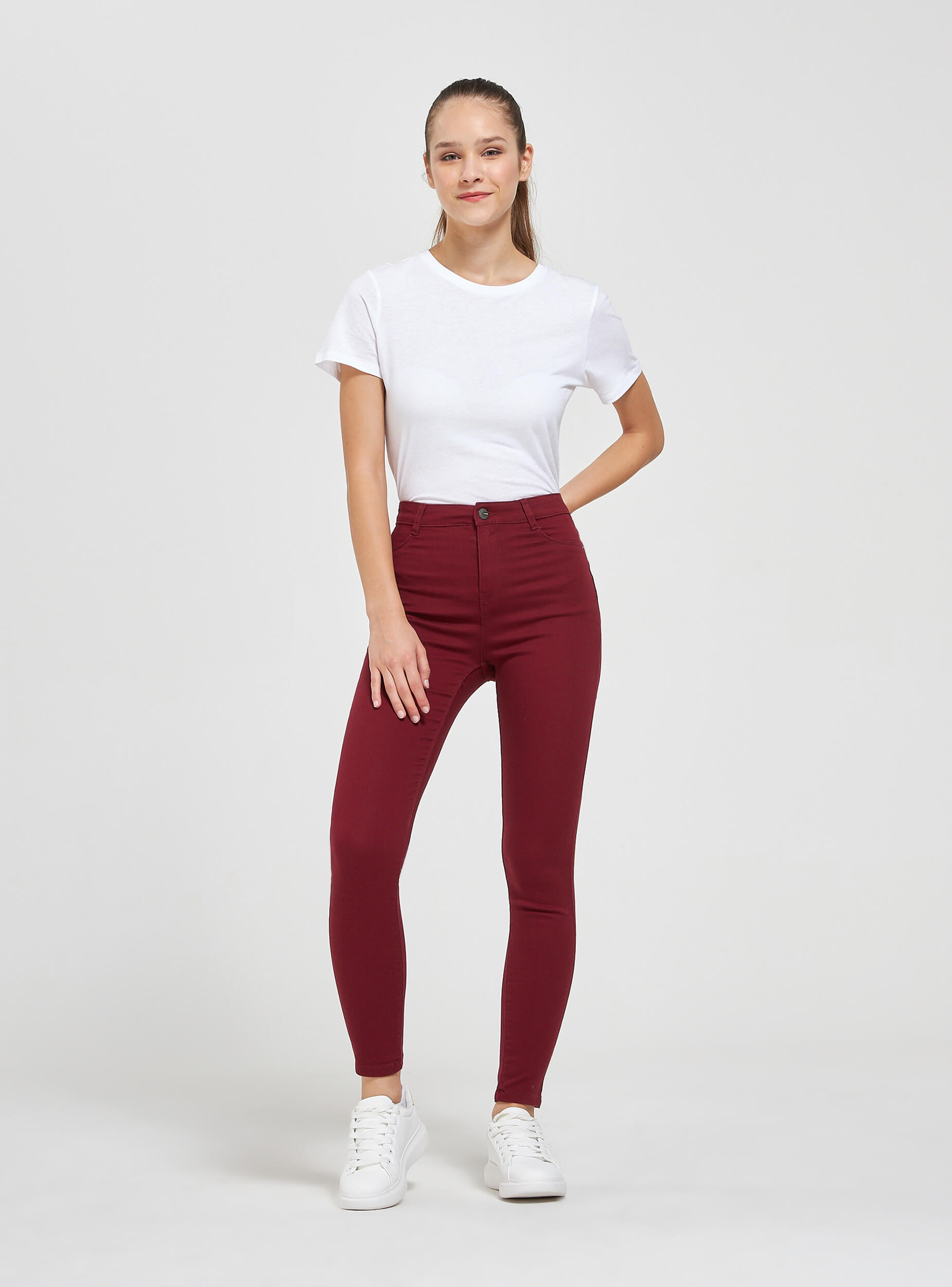 maroon high waisted skinny jeans
