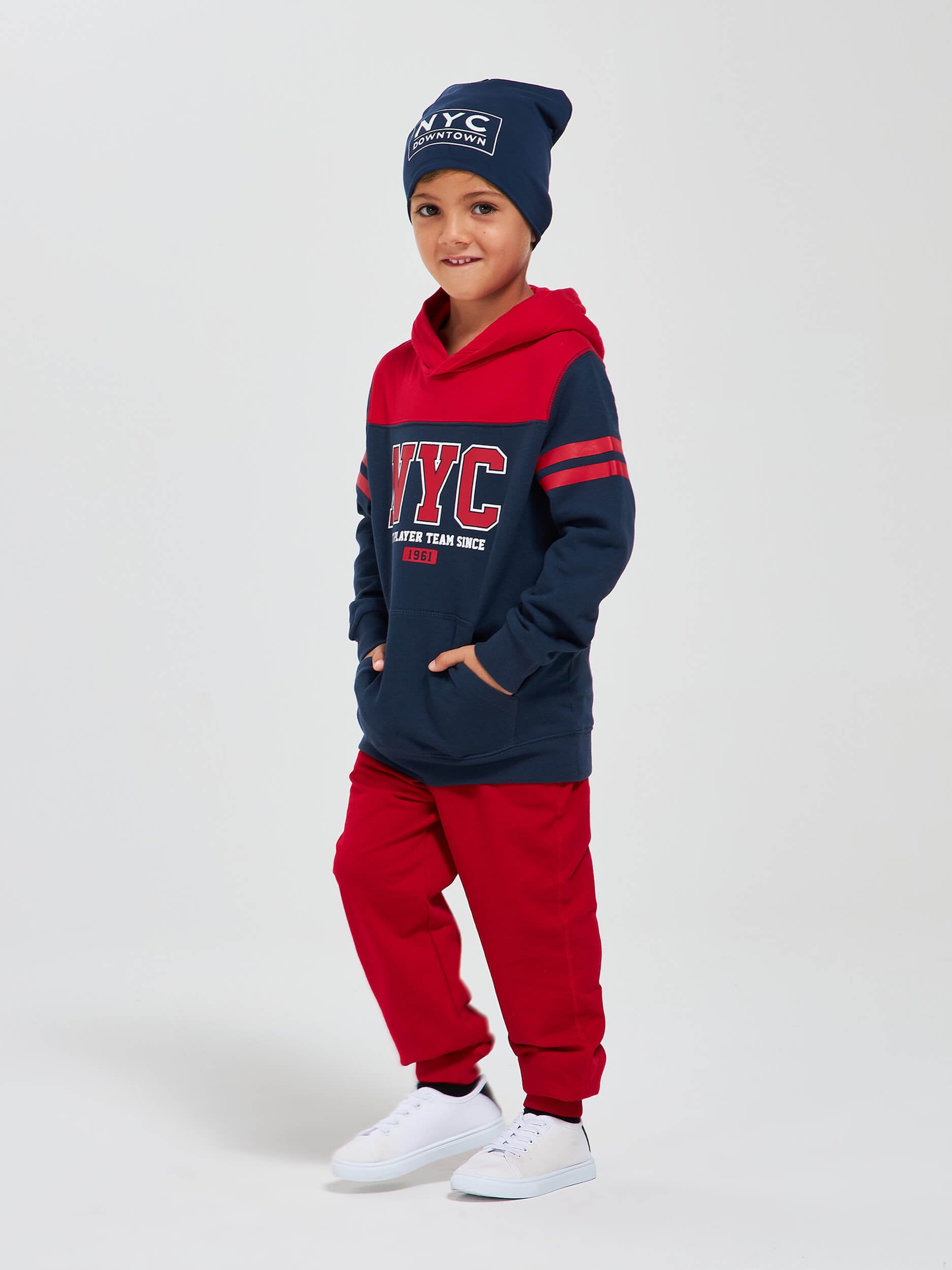red hoodie blue jeans
