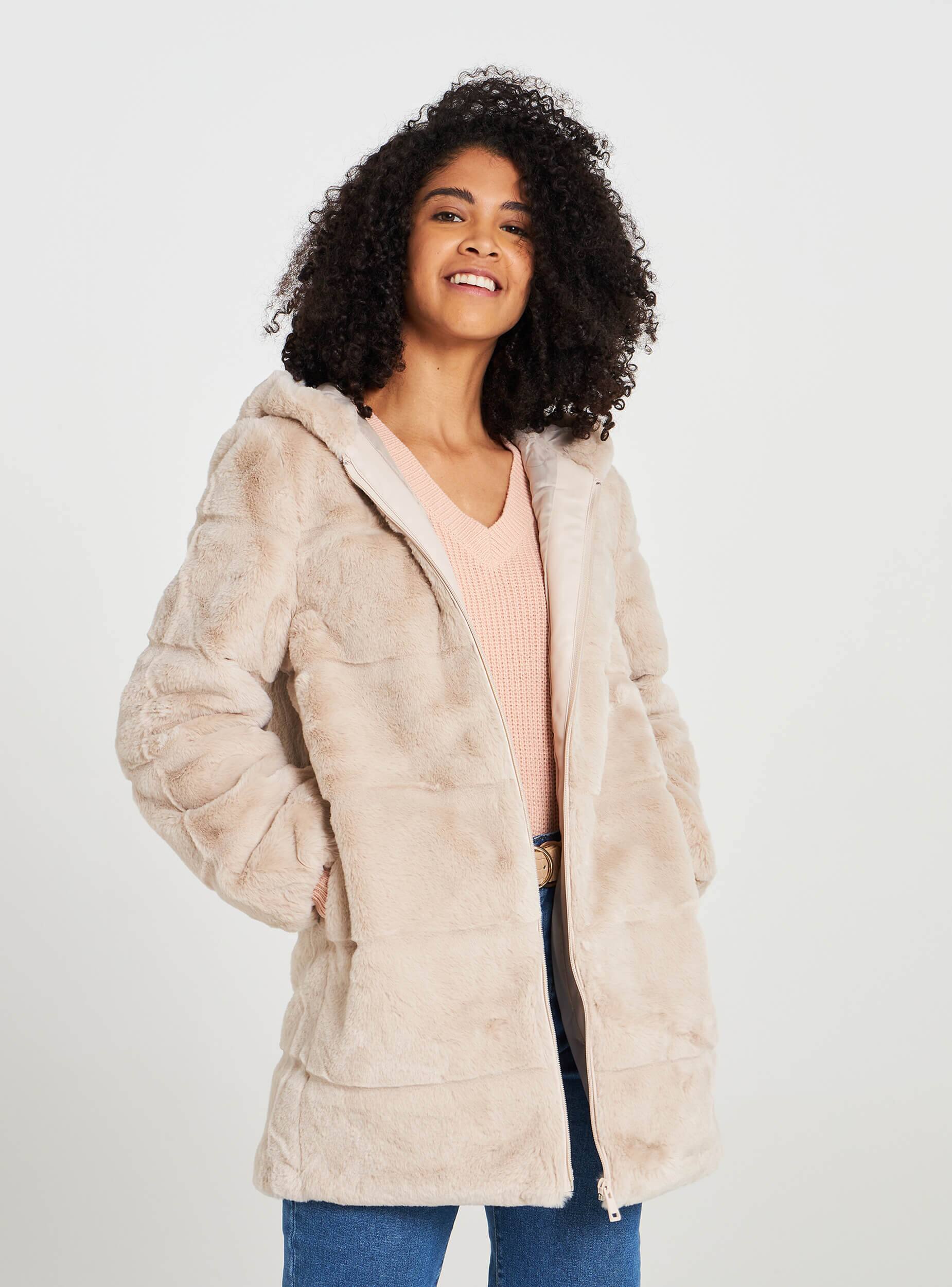 long tan faux fur coat