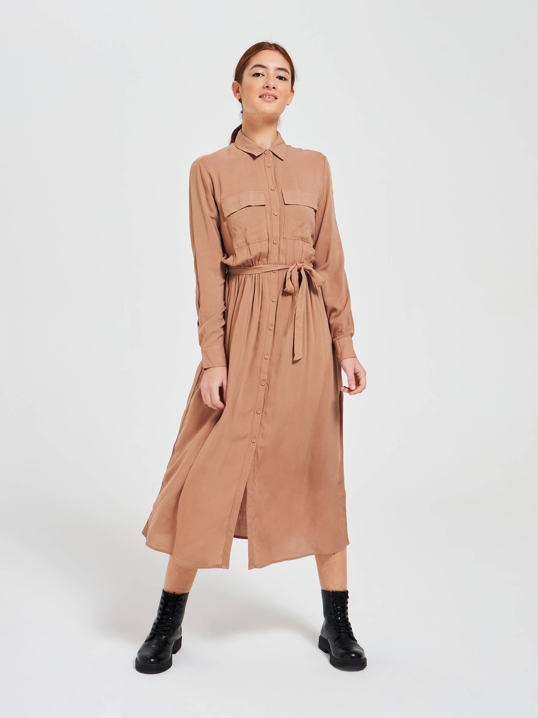 tan shirt dress